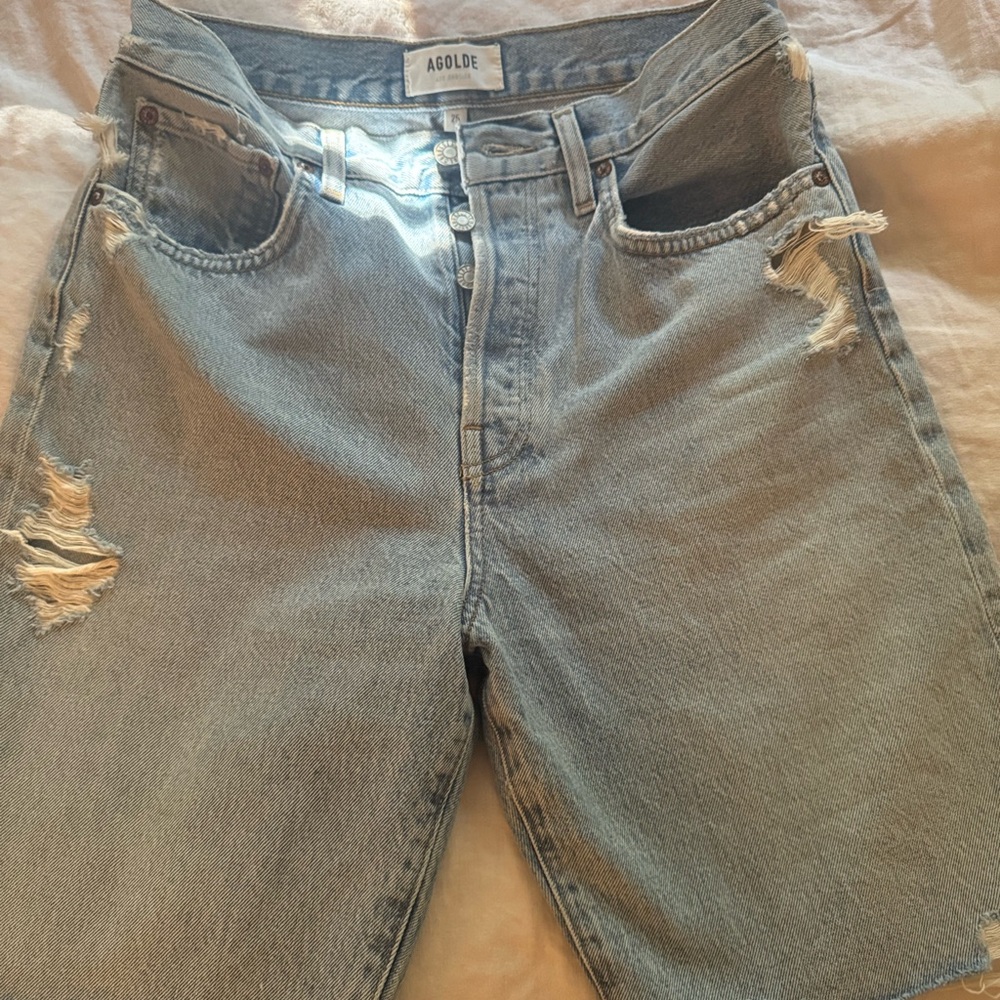 Agolde Distressed Light Blue Jean Shorts